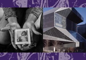Two panel image for the Living with Conviction exhibit at Seattle Public Library showing on the left a pair of hands tenderly holding a photograph of a young child and on the right the exterior facade of a Seattle Public Library branch location