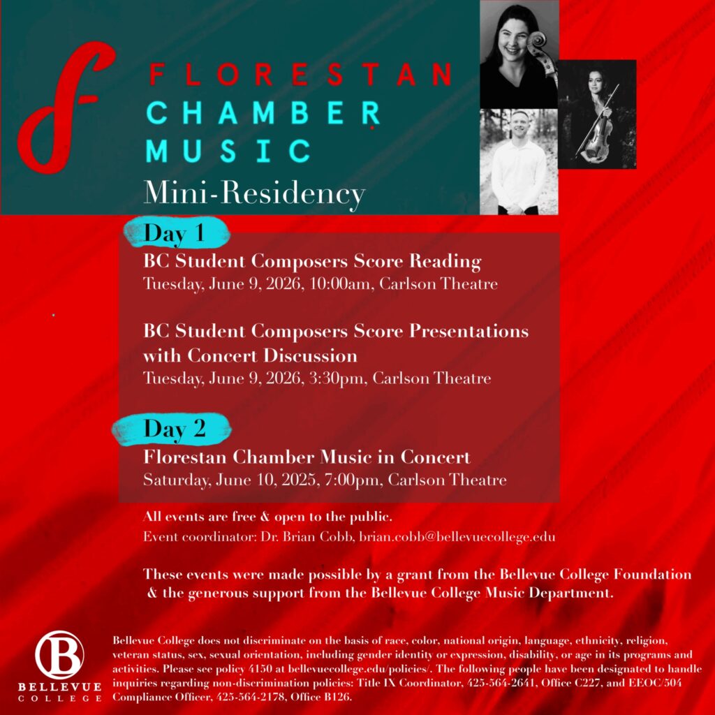 Event poster for Florestan Chamber Music Mini Residency at Bellevue College showing the ensemble name in teal lettering against a dark teal header with three musician headshots and a bold red background listing the Day 2 evening concert at Carlson Theatre on June 10th 2026