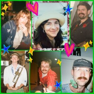 Collage of six candid photos of Serafima and the Shakedowns band members decorated with colorful stickers including stars and hearts featuring a woman in a hat smiling a man holding a trumpet and other band members in casual settings.