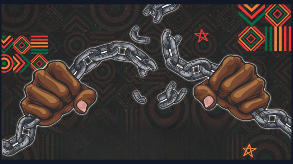 Illustrated digital artwork for the Eastside Honoring Juneteenth 2026 event showing two brown fists breaking apart a metal chain against a dark patterned background decorated with red green and gold geometric African inspired designs and star motifs in the corners