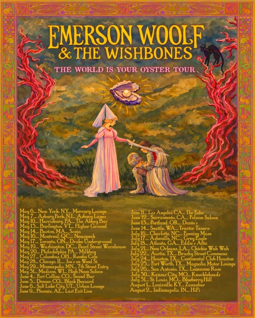 Illustrated tour poster for Emerson Woolf and The Wishbones World Is Your Oyster Tour 2026 featuring a richly painted fantasy scene with a woman in a white gown and pointed hat presenting a sword to a kneeling knight in armor beneath a glowing oyster shell in the sky flanked by red flame-like trees with a black cat in the upper right corner and full tour dates listed below in gold and pink text