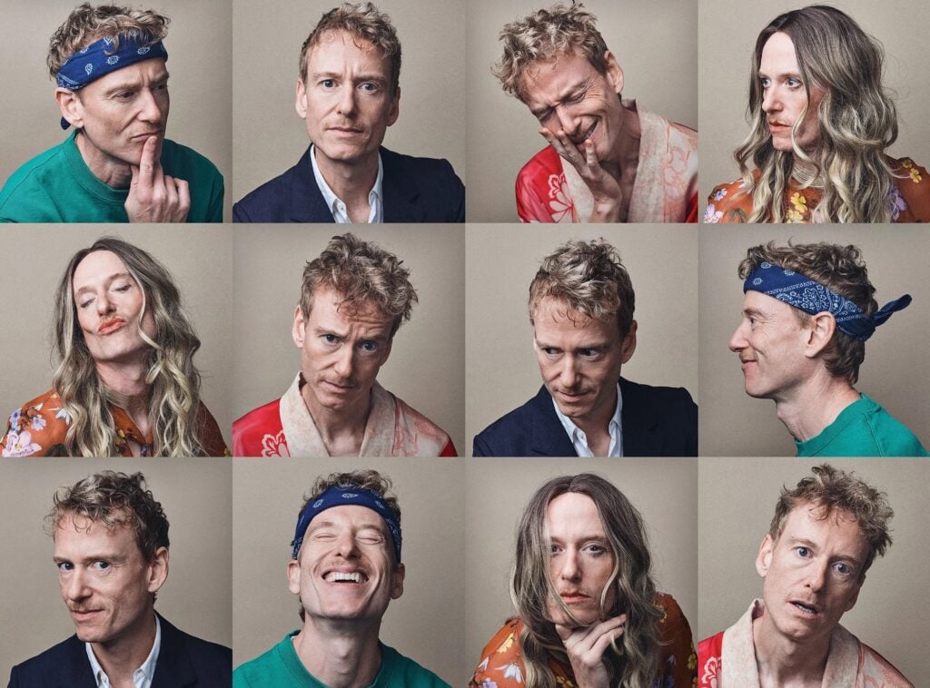 A grid of twelve individual portrait photos of Teddy Thompson and a female collaborator both making a wide range of exaggerated and comedic facial expressions and poses wearing various outfits including a teal sweatshirt with blue bandana a dark suit a red floral robe and an orange floral dress photographed against a warm neutral beige background