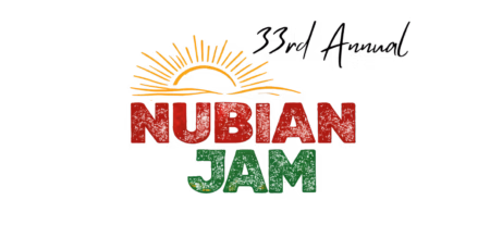 Colorful 2026 Nubian Jam event poster featuring bold orange yellow and green geometric patterns and African inspired design elements with text reading Nubian Jam 2026 celebrating African and African American culture in Snohomish County