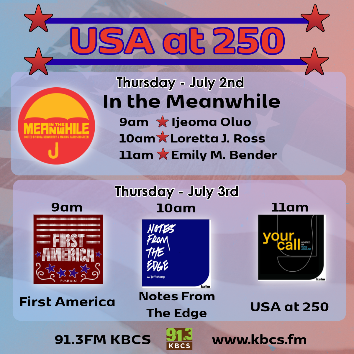 KBCS USA at 250 graphic text with red stars and blue lines