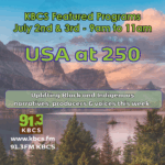 USA at 250 KBCS featured programs text on a mountain lake landscape