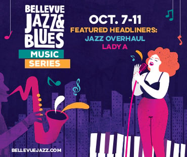 Bellevue Jazz & Blues Music Series poster for Oct. 7–11 features headliners Jazz Overhaul and Lady A, with a singer, saxophone, and piano keys.