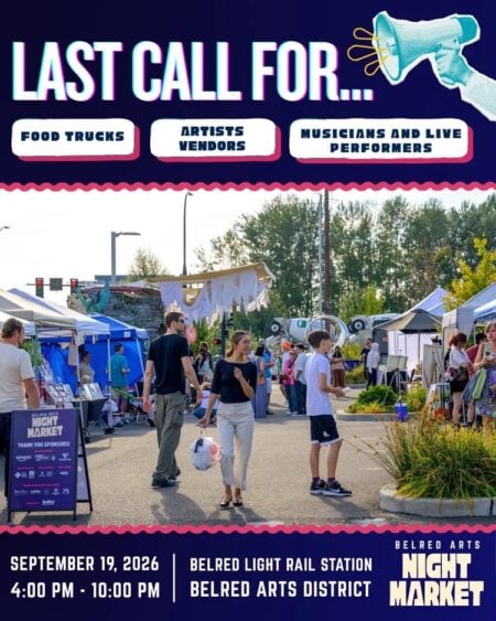 Promotional poster for BelRed Arts Night Market 2026 featuring a photograph of community members browsing vendor booths and art installations at an outdoor market with white canopy tents lining both sides of a paved plaza surrounded by trees and bold graphic text reading Last Call For Food Trucks Artists Vendors Musicians and Live Performers on a dark navy background with pink and teal accents and event details September 19th 2026 4pm to 10pm at BelRed Light Rail Station BelRed Arts District