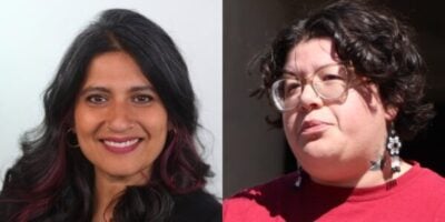 Side by side headshots of Sonali Kolhatkar on the left a South Asian woman with long dark hair with purple highlights wearing gold hoop earrings and a warm smile and Josefina Mora-Cheung on the right a Latina woman with short dark curly hair wearing clear framed glasses and beaded drop earrings and a red shirt photographed outdoors