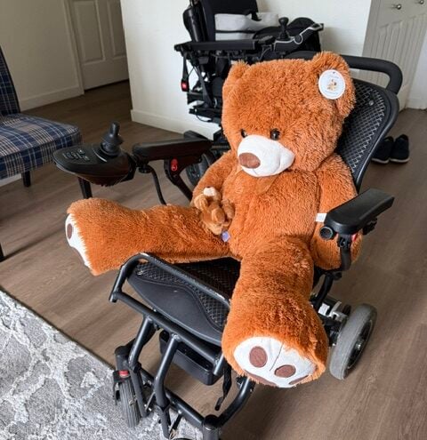 Large brown teddy bear sits in wheelchair in an apartment.