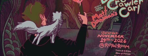 Vibrant illustrated poster shows a green-haired figure in a white feathered scarf raising an arm beside Matt Dinniman event lettering; playful, dramatic mood.