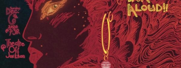 Vibrant red-and-yellow concert poster featuring a close-up profile of a woman with a golden eye and hoop earring; theatrical, dramatic lettering promotes a Sunday performance.