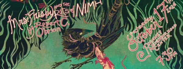 Colorful illustrated poster for a Seattle reading: a winged creature carries a small pink figure through dark green foliage. Hand-lettered text announces “Moss, Feathers and the Pots of Nimh,” a Saturday, October 17 event at 7:30 PM, with a whimsical, mysterious tone.