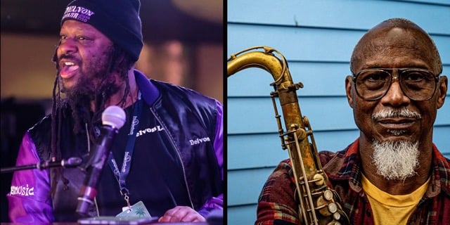 Split-screen portraits of two musicians: a beanie-wearing singer performing under purple stage lights, and an older saxophonist beside his instrument, calm against a blue wall.
