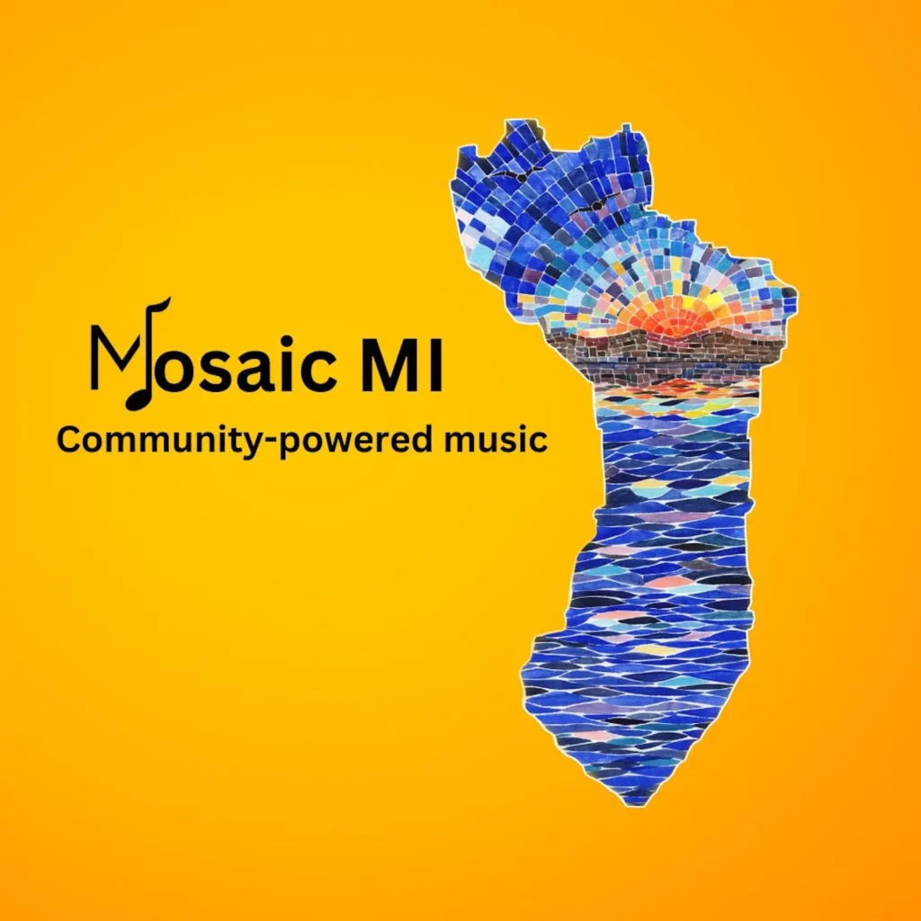 Bright yellow graphic for “Mosaic MI: Community-powered music,” featuring Michigan’s silhouette rendered in colorful blue mosaic tiles; bold, upbeat community arts branding.